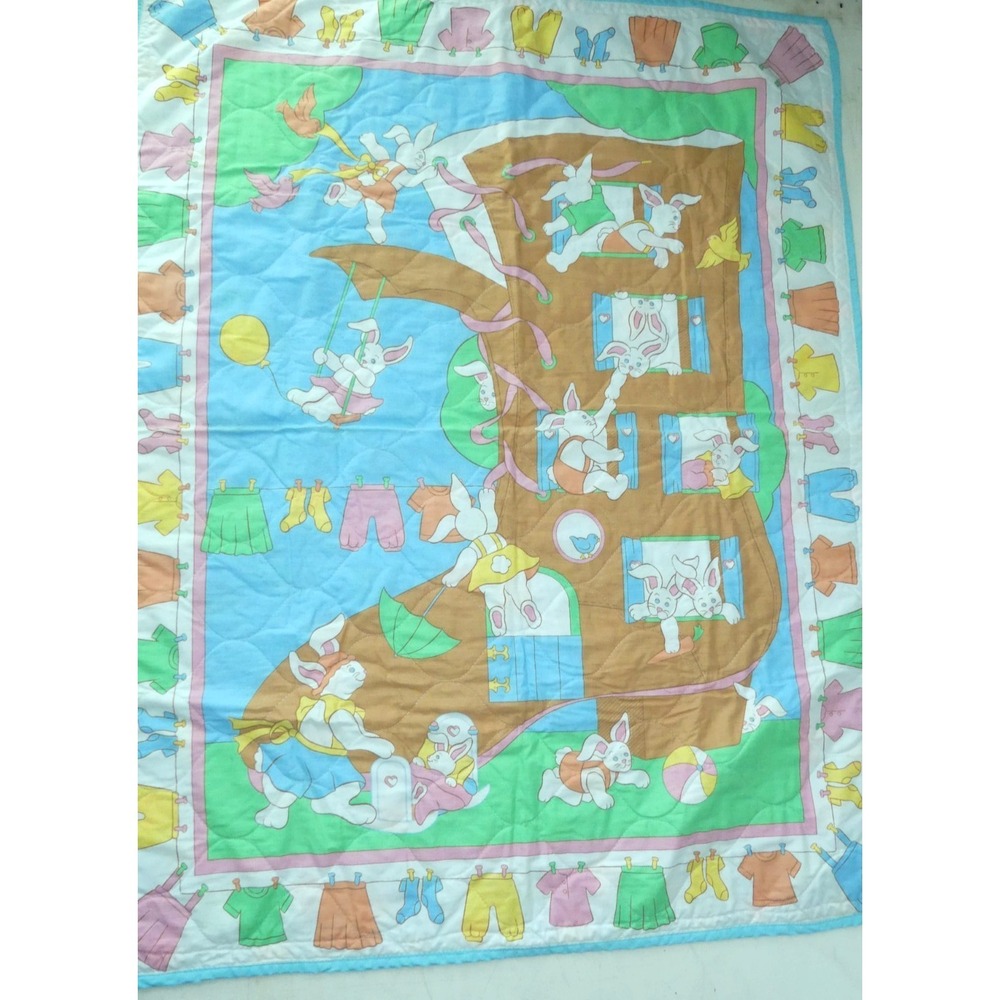 Vtg Nursery‎ Rhyme Childs Quilt Old Woman in Shoe Rabbits Blanket Clothesline